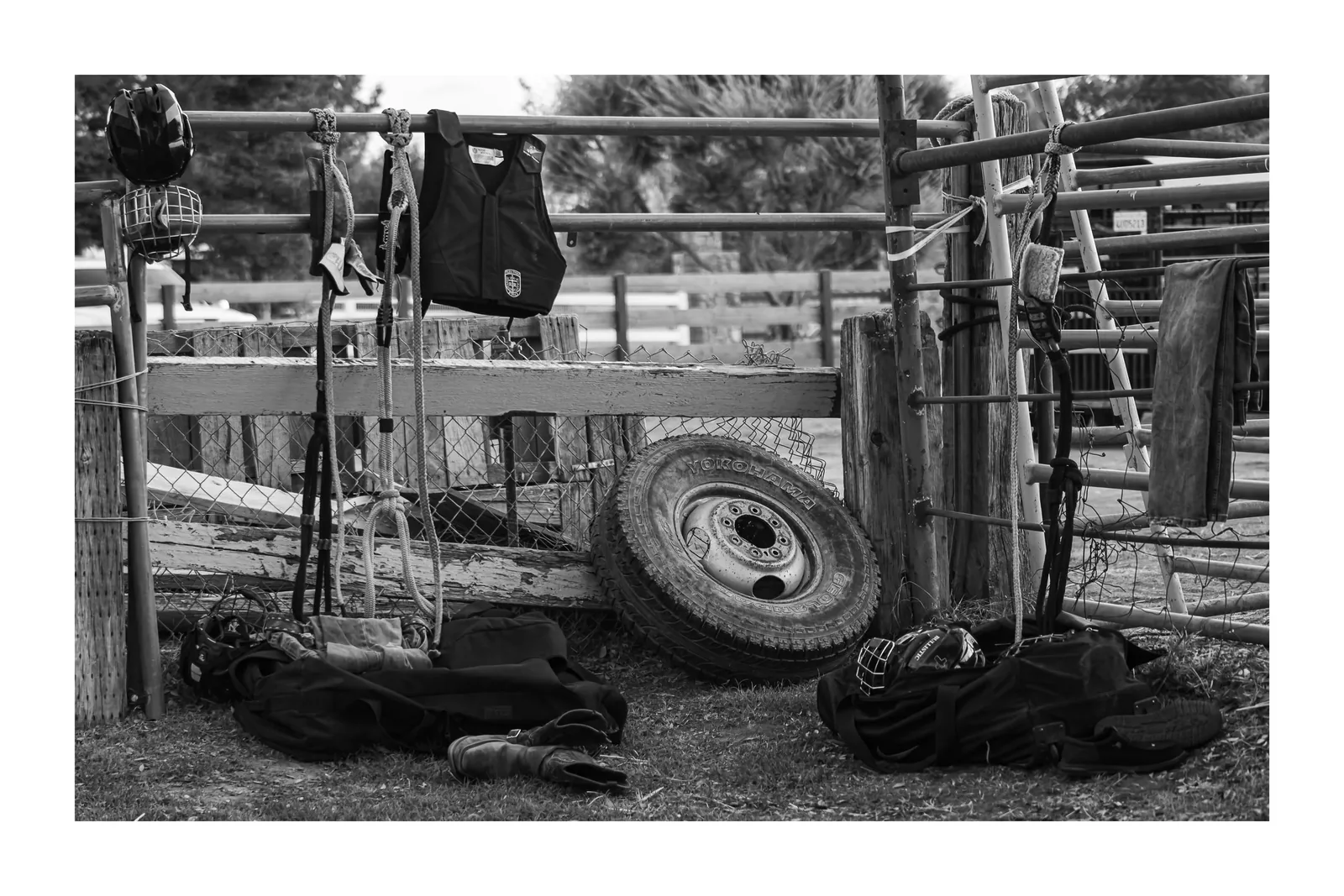 Bull Riding Practice Night — Bull rider's gear at the chutes
